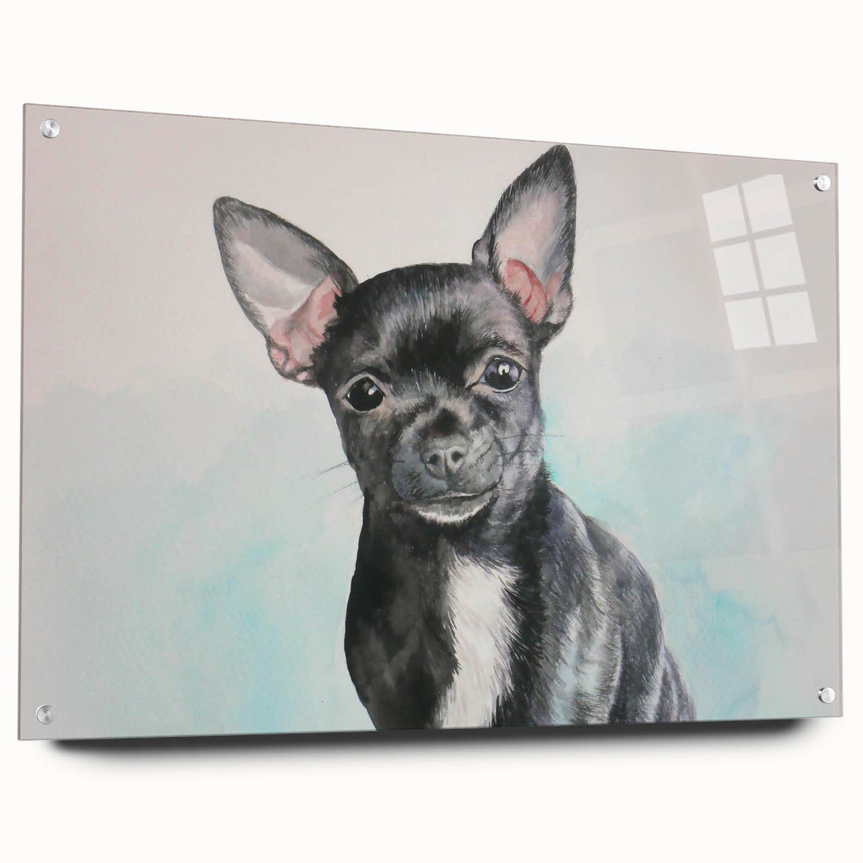 Chihuahua wall art design showcased in a sleek acrylic glass frame, featuring vibrant colors and intricate details, ideal for pet lovers' home decor.