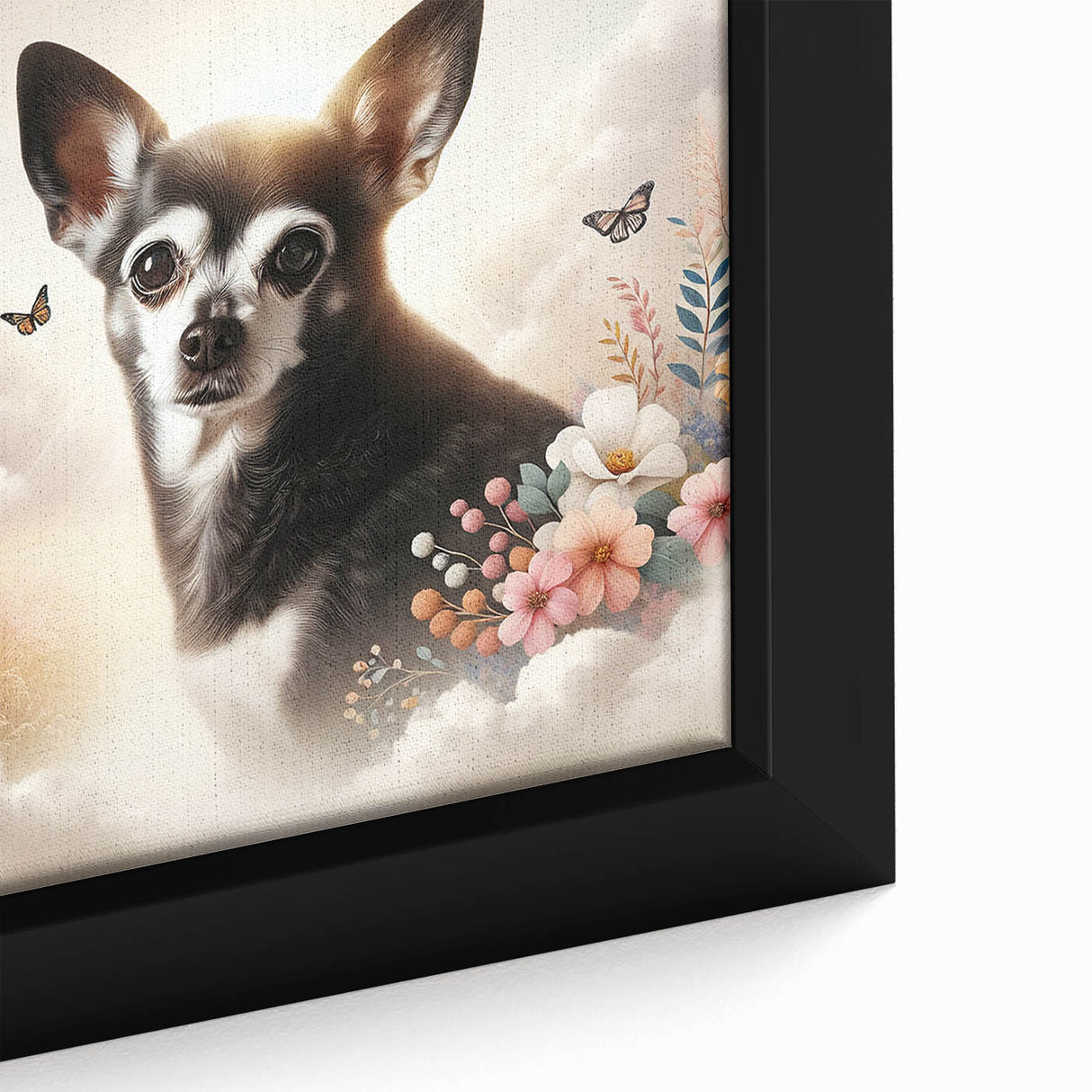 Close-up of a framed canvas wall art piece featuring a colorful Chihuahua design, showcasing intricate details and vibrant colors, perfect for pet lovers and home decor enthusiasts.