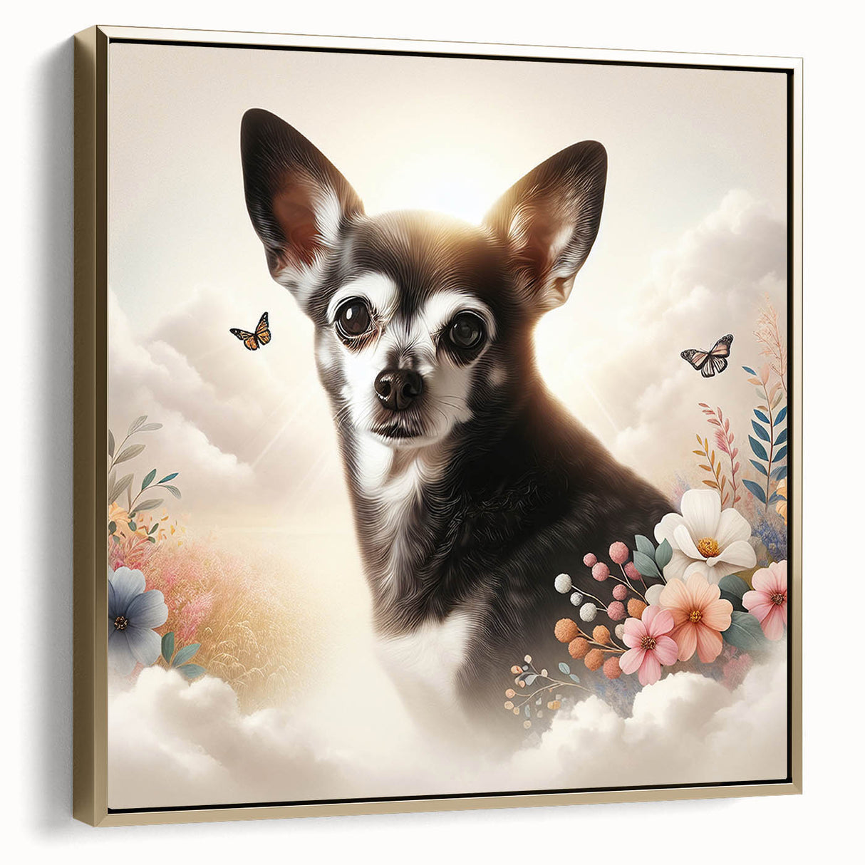 Charming framed wall art featuring a stylish Chihuahua design, set against a gold background, perfect for pet lovers and modern home decor enthusiasts.