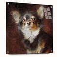 Chihuahua wall art collection displayed in acrylic glass, showcasing a colorful side view design with decorative pins, perfect for modern pet lovers' decor.