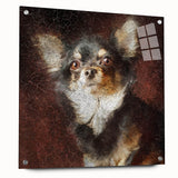 Chihuahua wall art collection displayed in acrylic glass, showcasing a colorful side view design with decorative pins, perfect for modern pet lovers' decor.