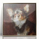 Framed wall art featuring a stylish Chihuahua design in a gold acrylic frame, showcasing the dog’s playful expression against a vibrant background, ideal for pet lovers.