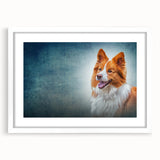 Collie dog wall art collection featuring a white frame and mat, showcasing a vibrant design with playful colors, perfect for pet lovers' home decor.