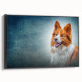 Framed canvas wall art featuring a beautifully designed collie dog in a striking black frame, showcasing detailed textures and colors, perfect for dog lovers.
