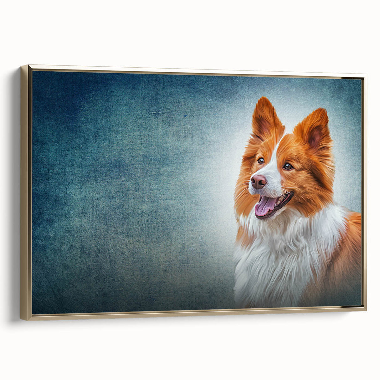 Framed wall art showcasing a golden-collie design with vibrant colors and intricate details, perfect for dog lovers and home decor enthusiasts.