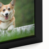 Close-up of a framed canvas wall art piece showcasing an adorable corgi design, featuring vibrant colors and playful details, perfect for dog lovers’ home decor.
