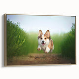 Framed canvas wall art featuring a playful Corgi design with a gold frame, showcasing the dog's joyful expression and vibrant colors, perfect for pet lovers’ decor.