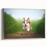 Framed wall art collection showcasing a playful corgi design on textured canvas, featuring a silver frame, ideal for home decor enthusiasts and dog lovers.