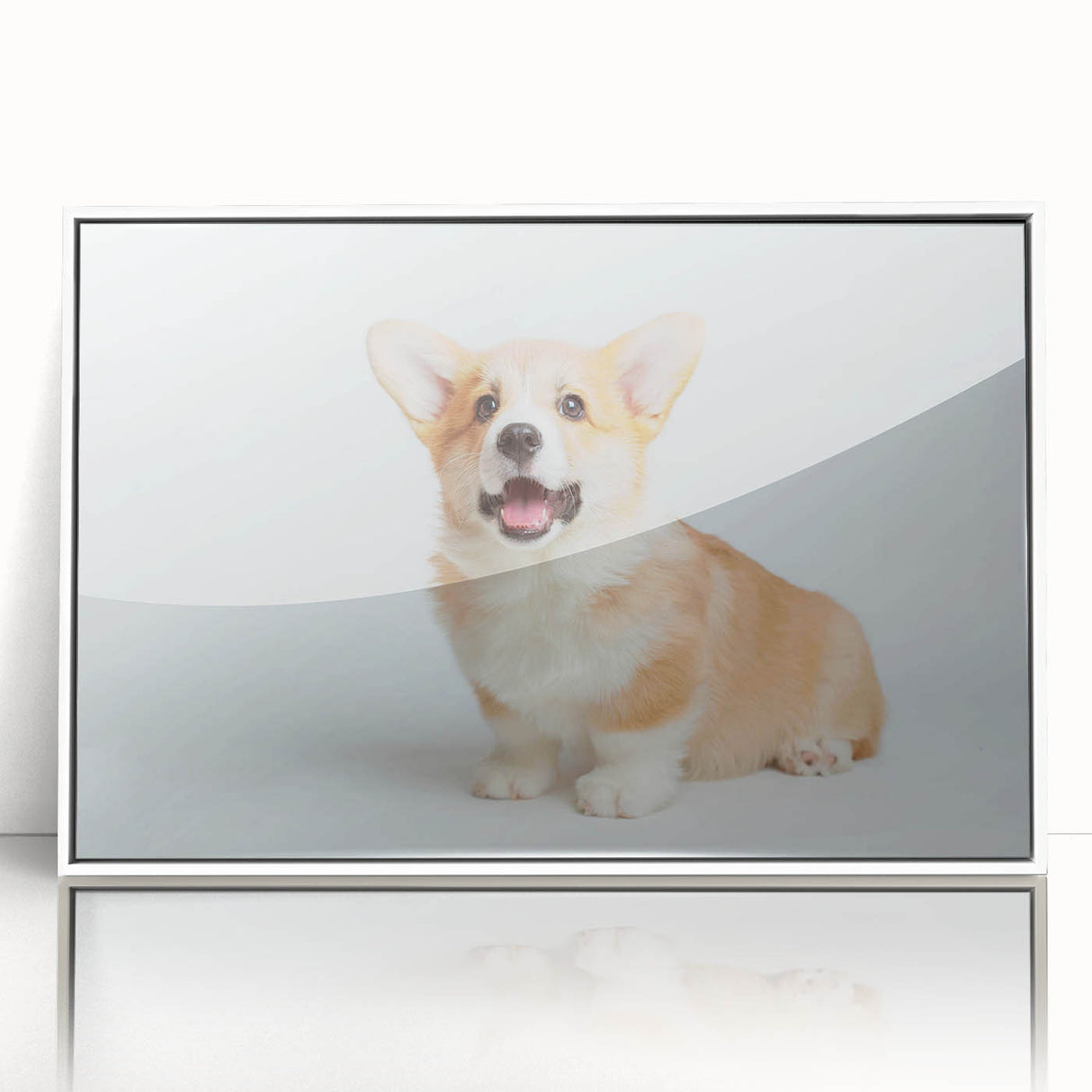 Framed wall art collection featuring playful corgi designs on a white background, showcasing vibrant colors and charming expressions, perfect for dog lovers' decor.
