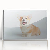 Framed wall art collection featuring playful corgi designs on a white background, showcasing vibrant colors and charming expressions, perfect for dog lovers' decor.