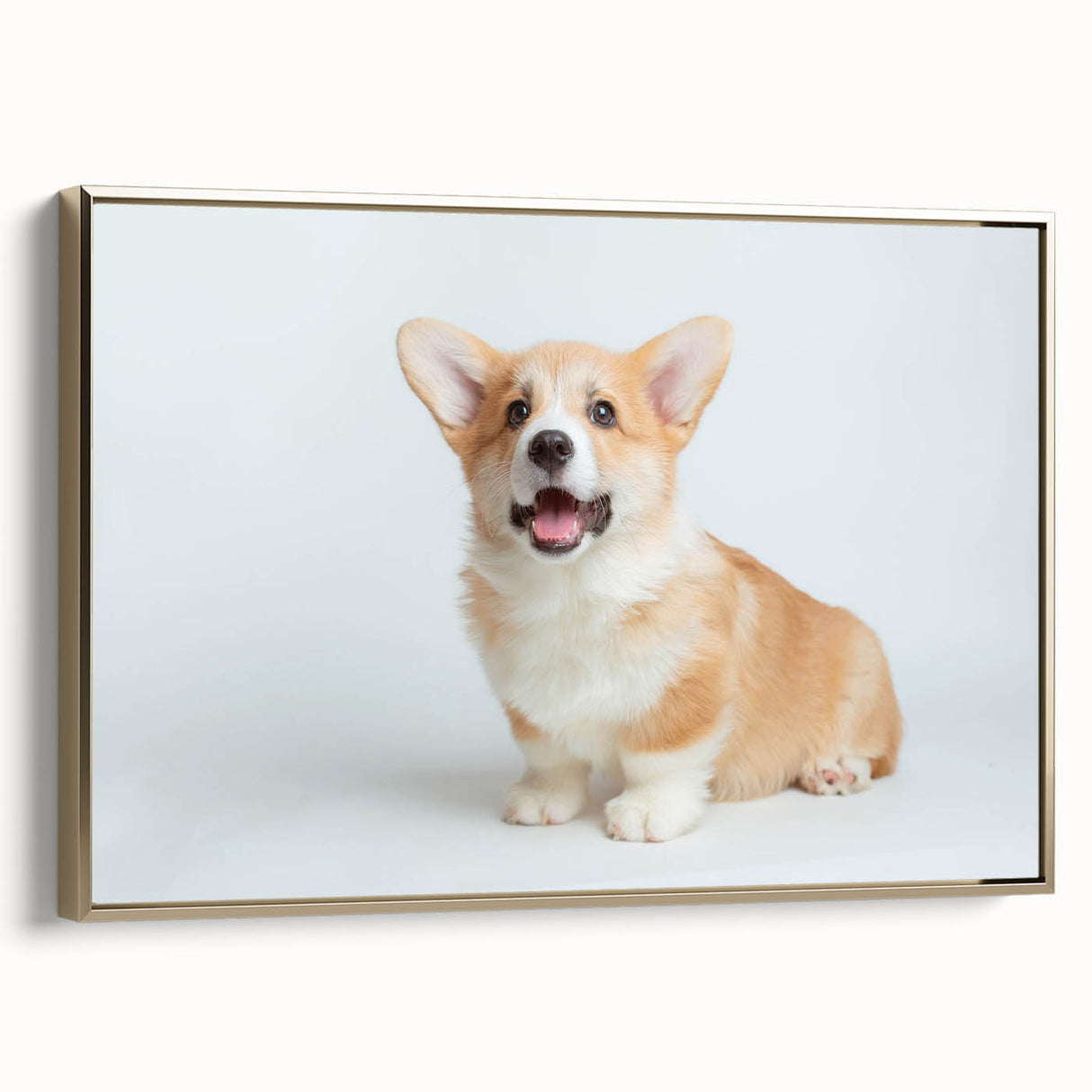 Framed wall art featuring a side view of a playful Corgi design on a textured canvas, highlighted with gold accents, perfect for pet lovers' home decor.