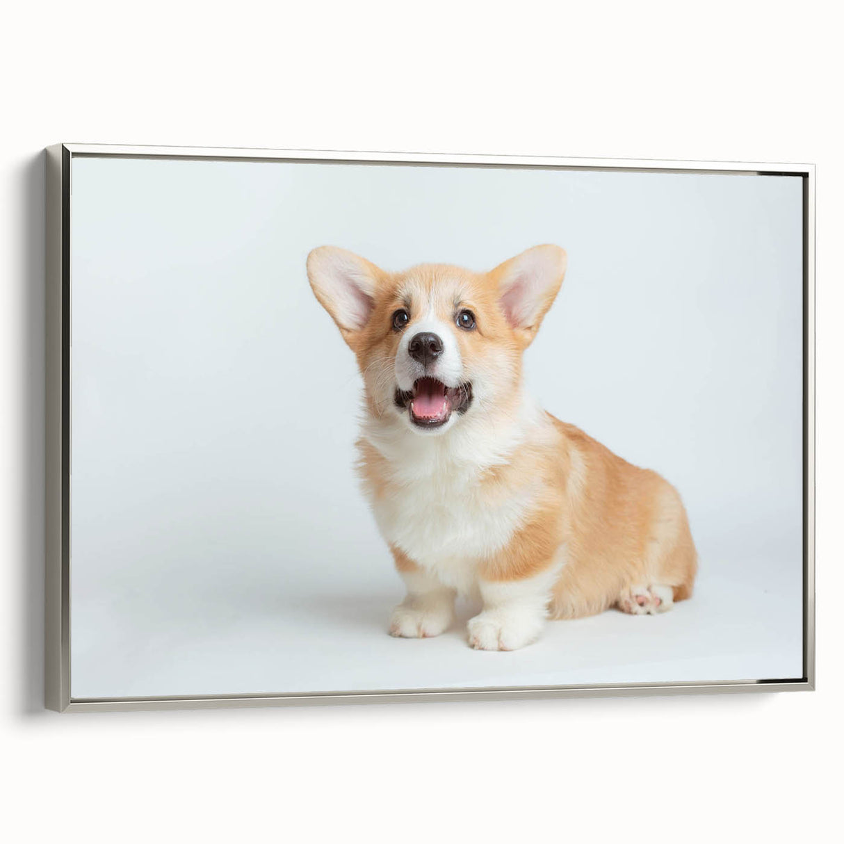 Framed wall art featuring a side view of a playful Corgi design on a textured canvas, set against a silver frame, perfect for dog lovers' home decor.