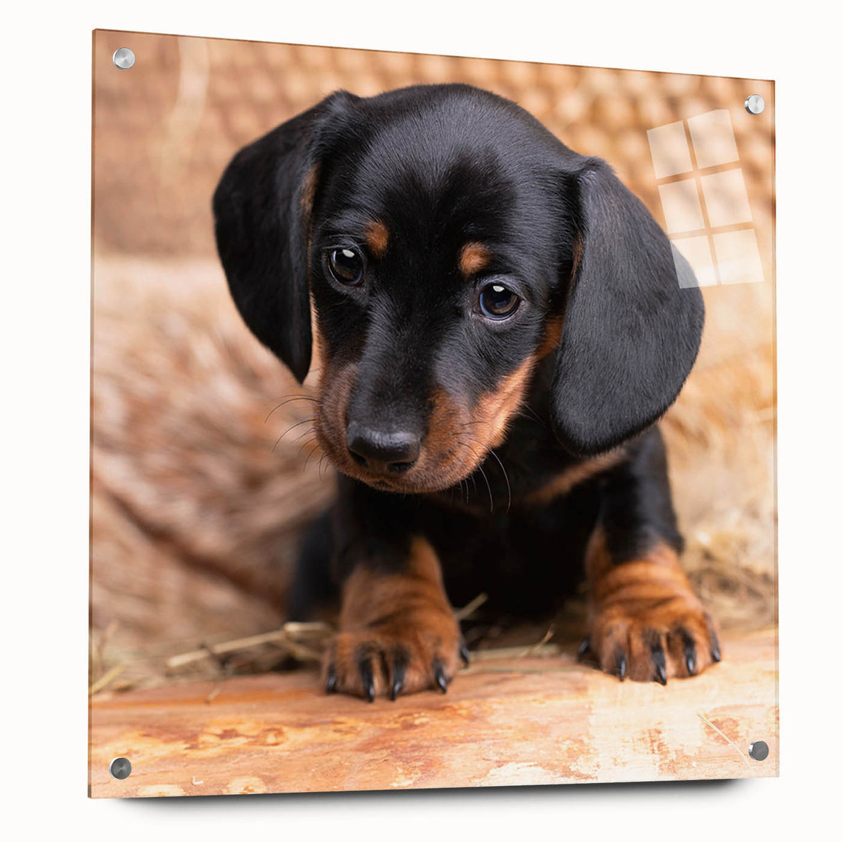 Dachshund wall art design printed on acrylic glass, showcasing a side view with vibrant colors and detailed textures, perfect for dog lovers' home decor.