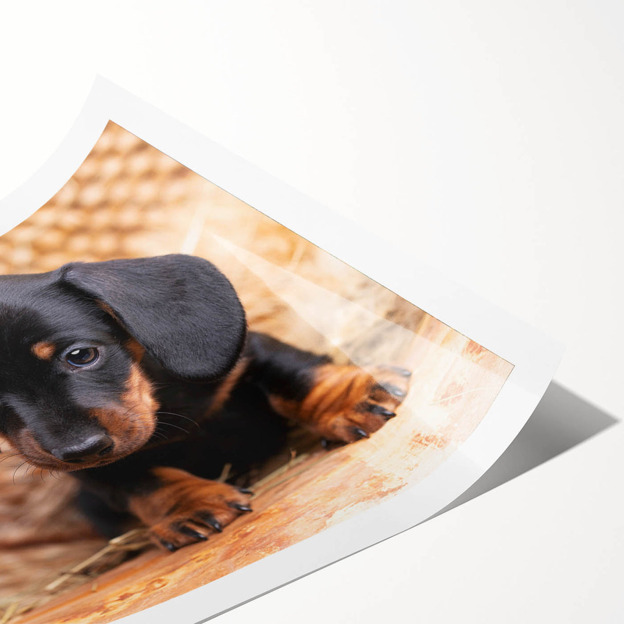 Dachshund-themed wall art print showcasing a playful illustration of a long-bodied dog in vibrant colors, rolled and ready for framing, perfect for dog lovers.