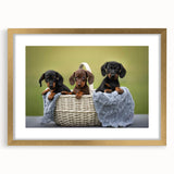 Dachshund-themed wall art in a gold frame with mat, showcasing a playful design of a brown and black dachshund, perfect for dog lovers and home decor.