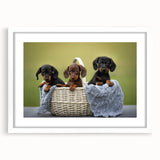 Dachshund-themed wall art collection featuring a white frame and mat, showcasing a playful design of a dachshund dog against a minimalist background, perfect for pet lovers.