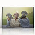 Framed wall art featuring a playful dachshund design in vibrant colors, set against a sleek black frame, perfect for dog lovers' home decor.