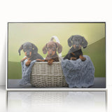 Framed wall art featuring a charming dachshund design with vibrant colors, displayed in an elegant white frame, perfect for dog lovers' home decor.