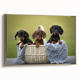 Framed wall art featuring a stylish Dachshund design on a textured canvas, showcasing a gold frame and side view, perfect for dog lovers’ home decor.