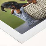 Dachshund-themed wall art collection on rolled canvas, showcasing vibrant colors and playful designs, ideal for dog lovers’ home decor. Perfect for enhancing any room's aesthetic while celebrating this beloved breed.
