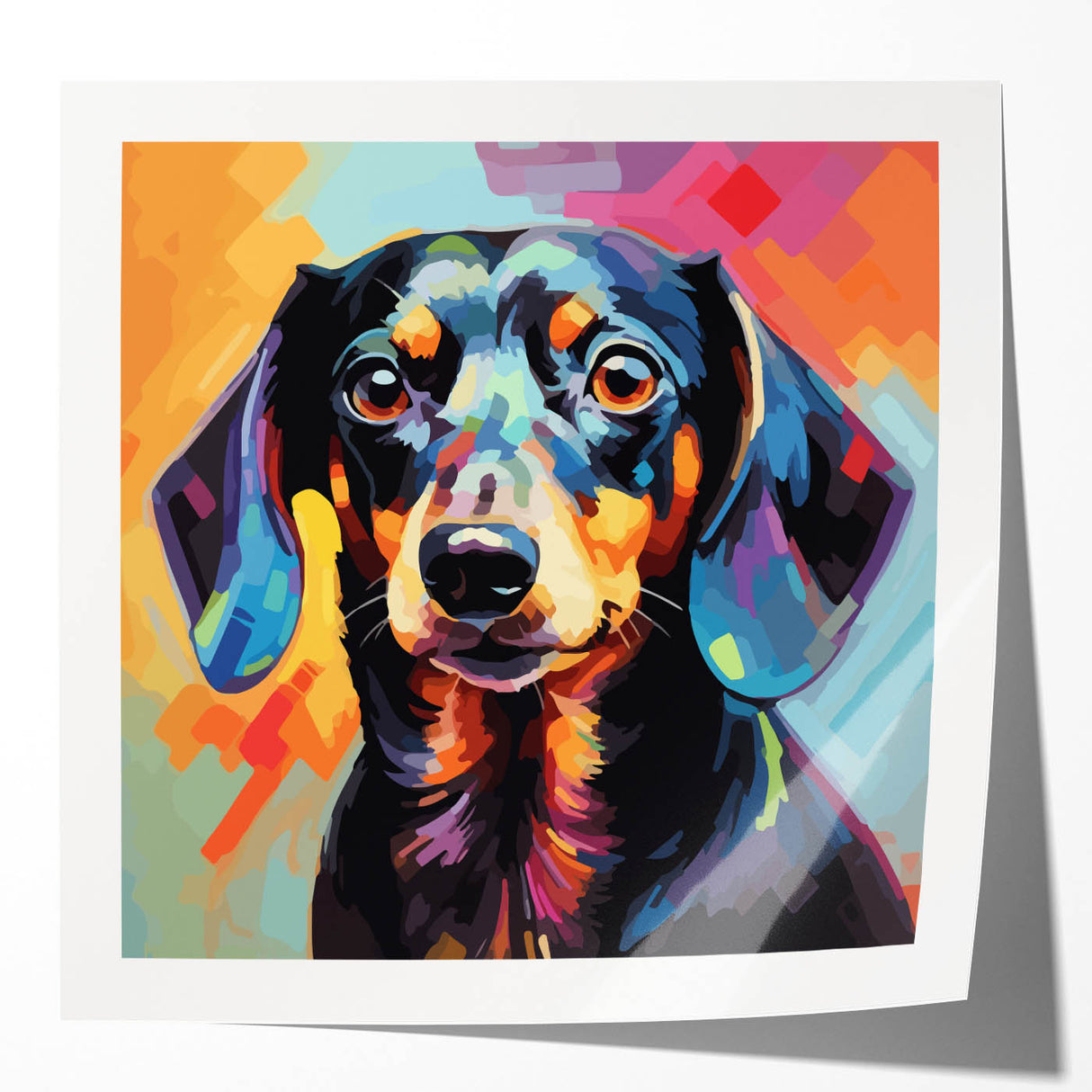 Dachshund-themed wall art collection showcasing vibrant, glossy prints featuring playful dachshund illustrations, perfect for dog lovers' home decor.