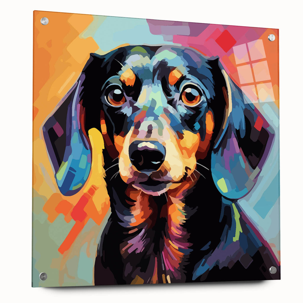 Side view of a Dachshund-themed wall art collection, showcasing vibrant acrylic glass prints mounted with pins, perfect for dog lovers' home decor.
