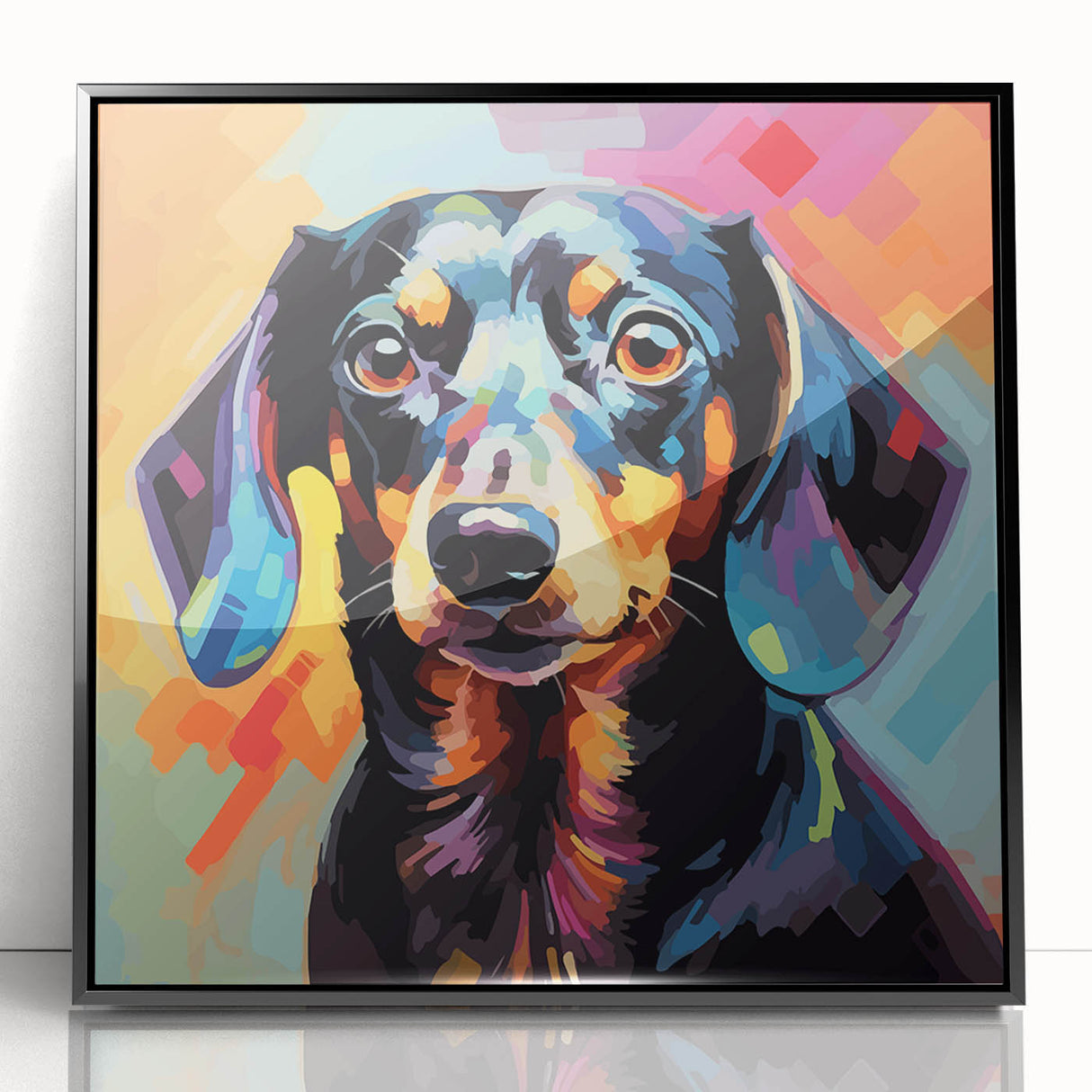 Framed black acrylic wall art featuring a stylish dachshund design, showcasing vibrant colors and intricate details, perfect for dog lovers’ home decor.