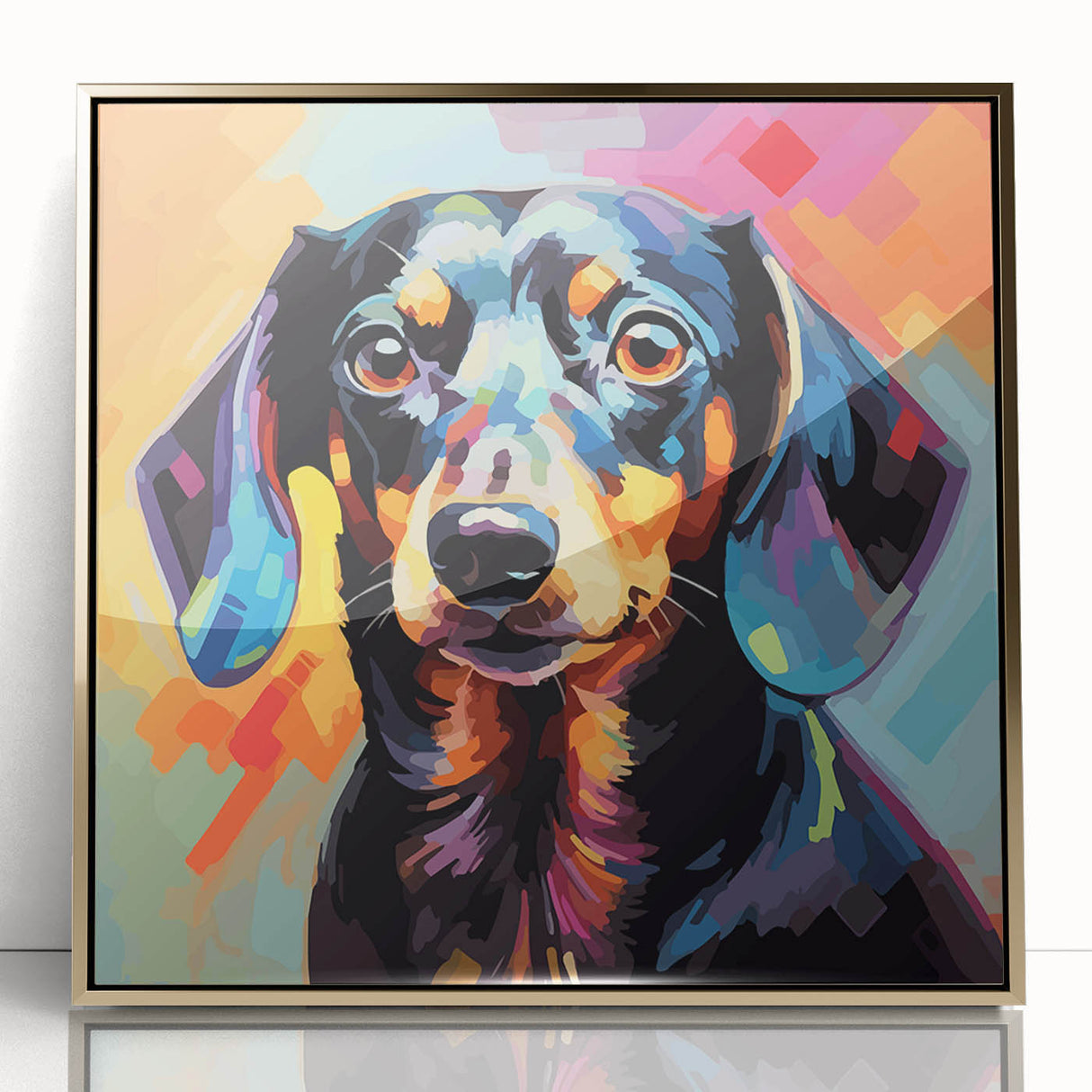Framed wall art featuring a front view of a stylish dachshund design with a gold-accented acrylic frame, perfect for dog lovers and modern home decor.
