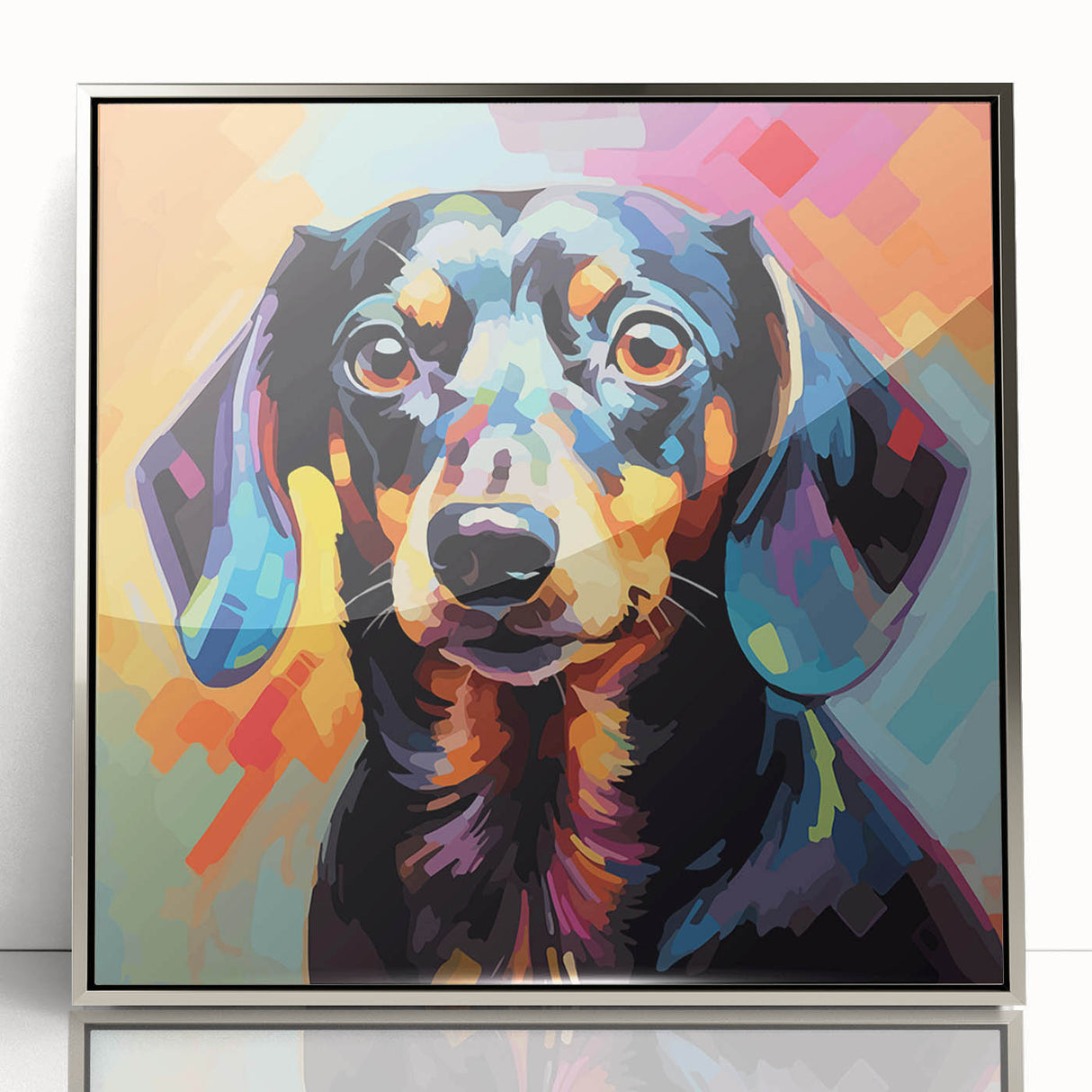 Framed wall art featuring a stylish dachshund design in a sleek silver frame, showcasing vibrant colors and modern aesthetics, perfect for dog lovers’ decor.