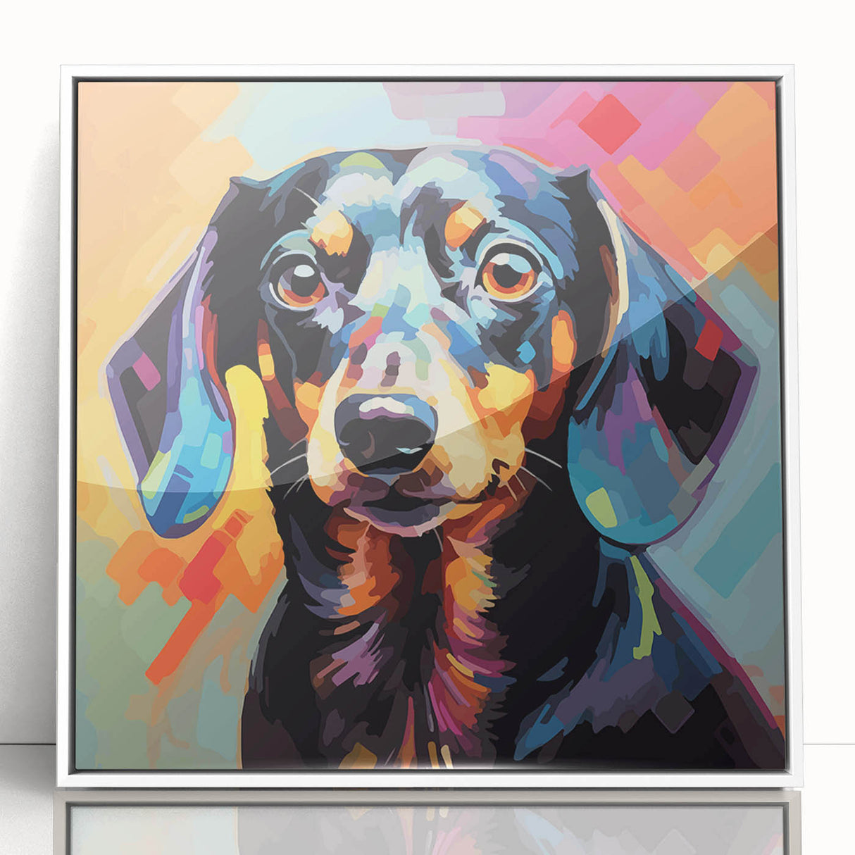 Framed wall art featuring a playful dachshund design in vibrant colors, set against a crisp white background, perfect for dog lovers and home décor enthusiasts.