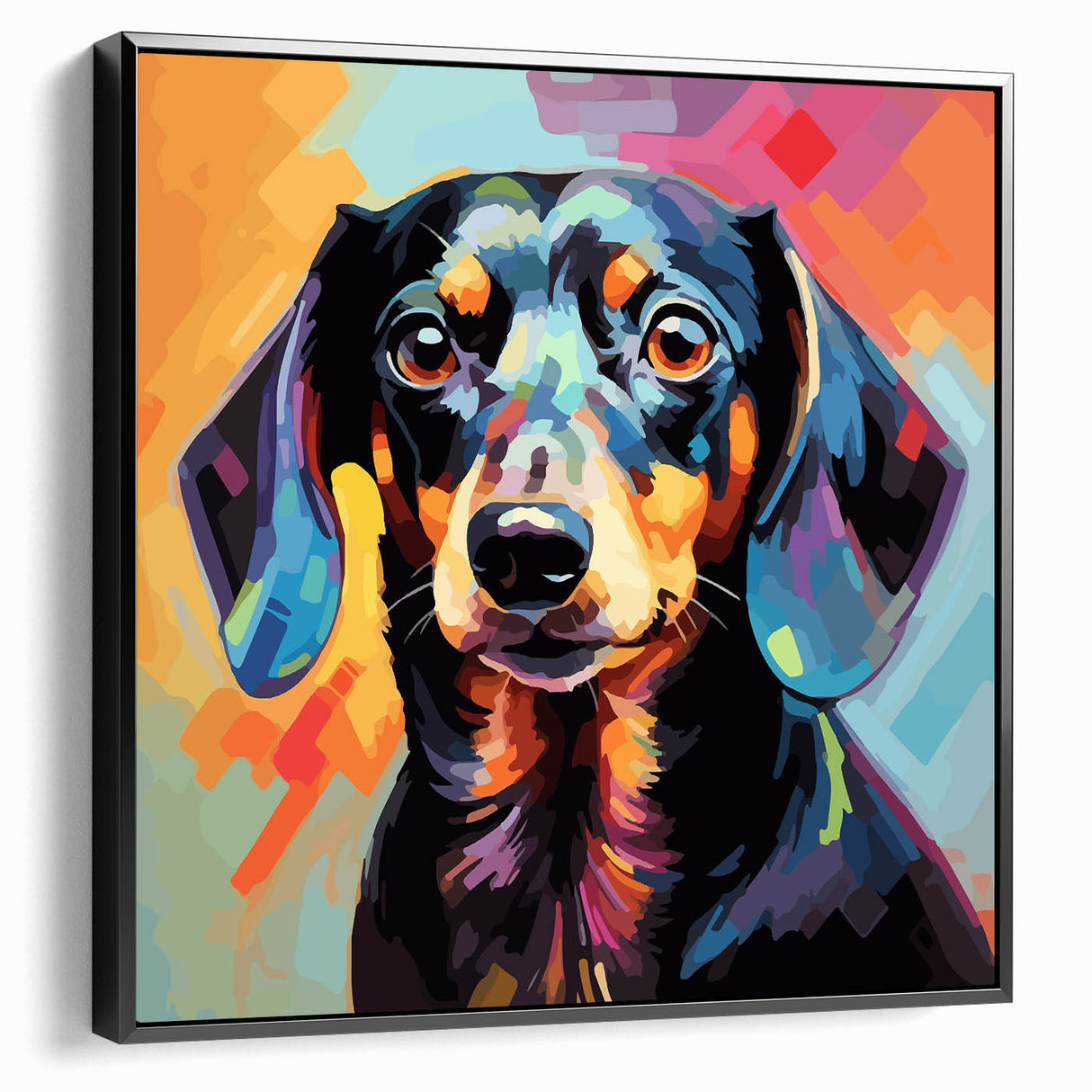 Framed wall art collection showcasing a side view of a dachshund design on canvas, featuring vibrant colors and intricate details, ideal for dog lovers' decor.