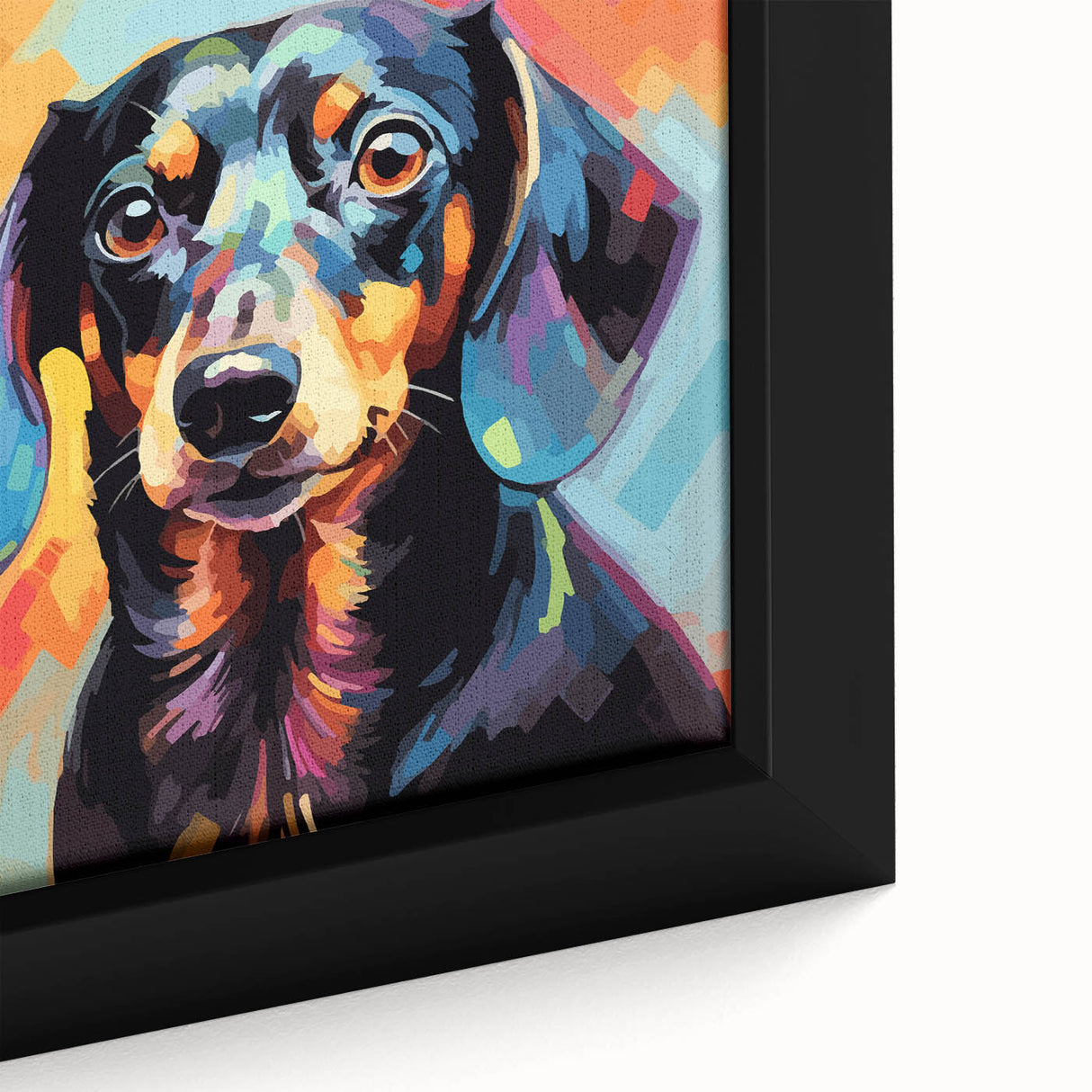 Framed canvas wall art featuring a close-up of a whimsical dachshund design, showcasing vibrant colors and playful patterns, perfect for dog lovers' decor.