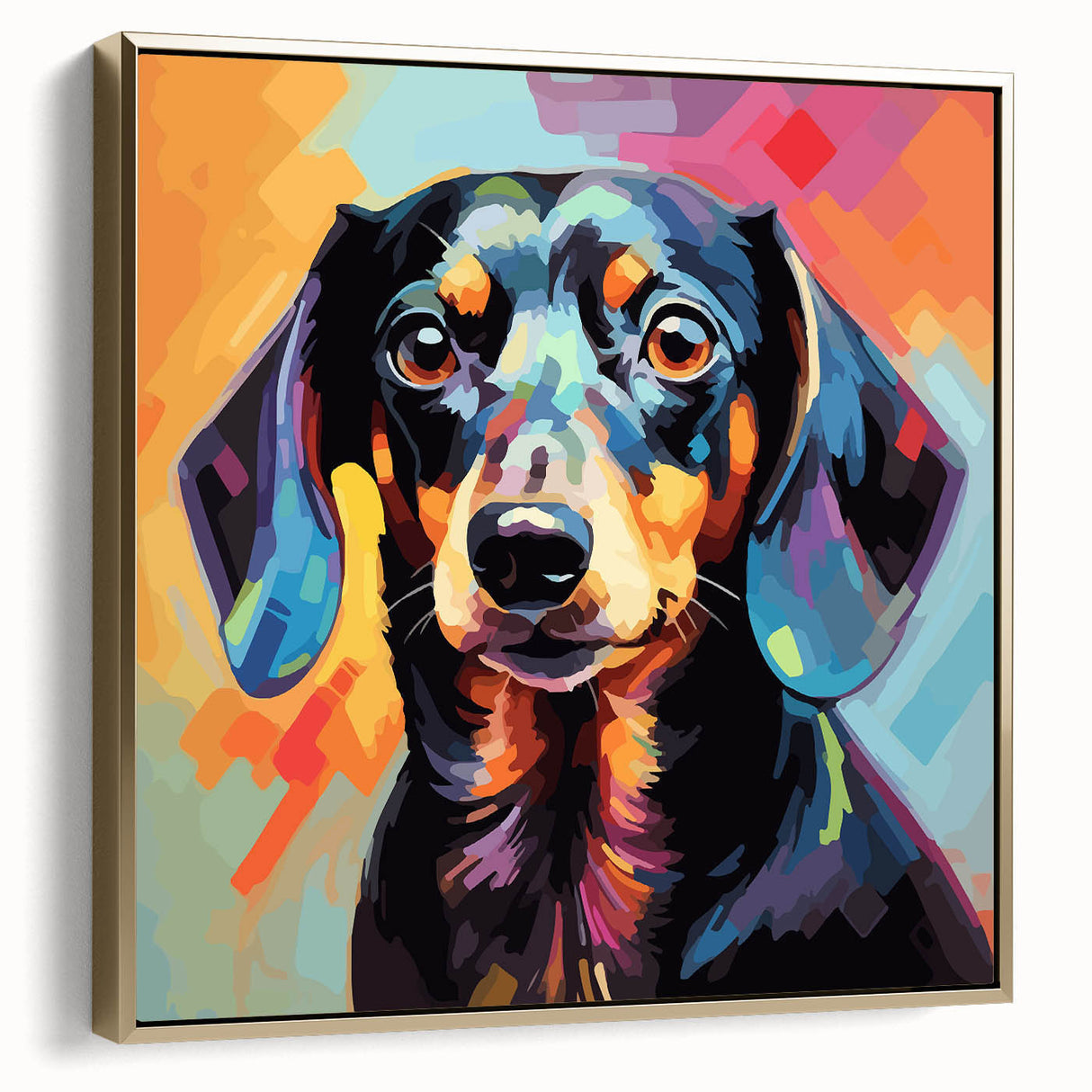 Framed canvas wall art featuring a stylish dachshund design in gold tones, showcasing a side view of the dog, perfect for pet lovers and home decor enthusiasts.