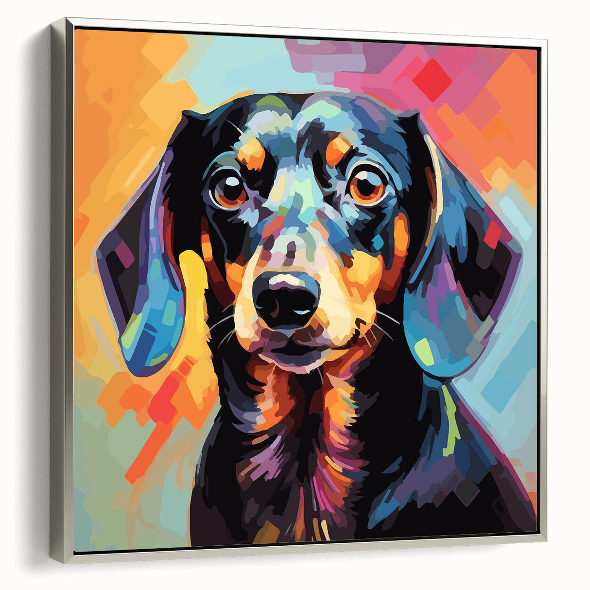 Framed wall art featuring a stylish dachshund design in silver tones, showcasing a side profile of the dog. Perfect for pet lovers seeking unique home decor.