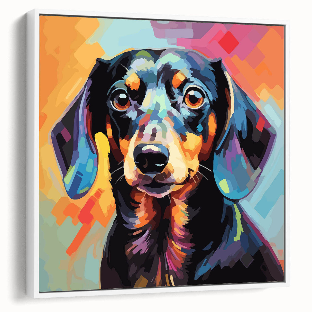 Framed canvas wall art featuring a stylish dachshund design, showcasing a white background and vibrant colors, ideal for dog lovers' home decor.