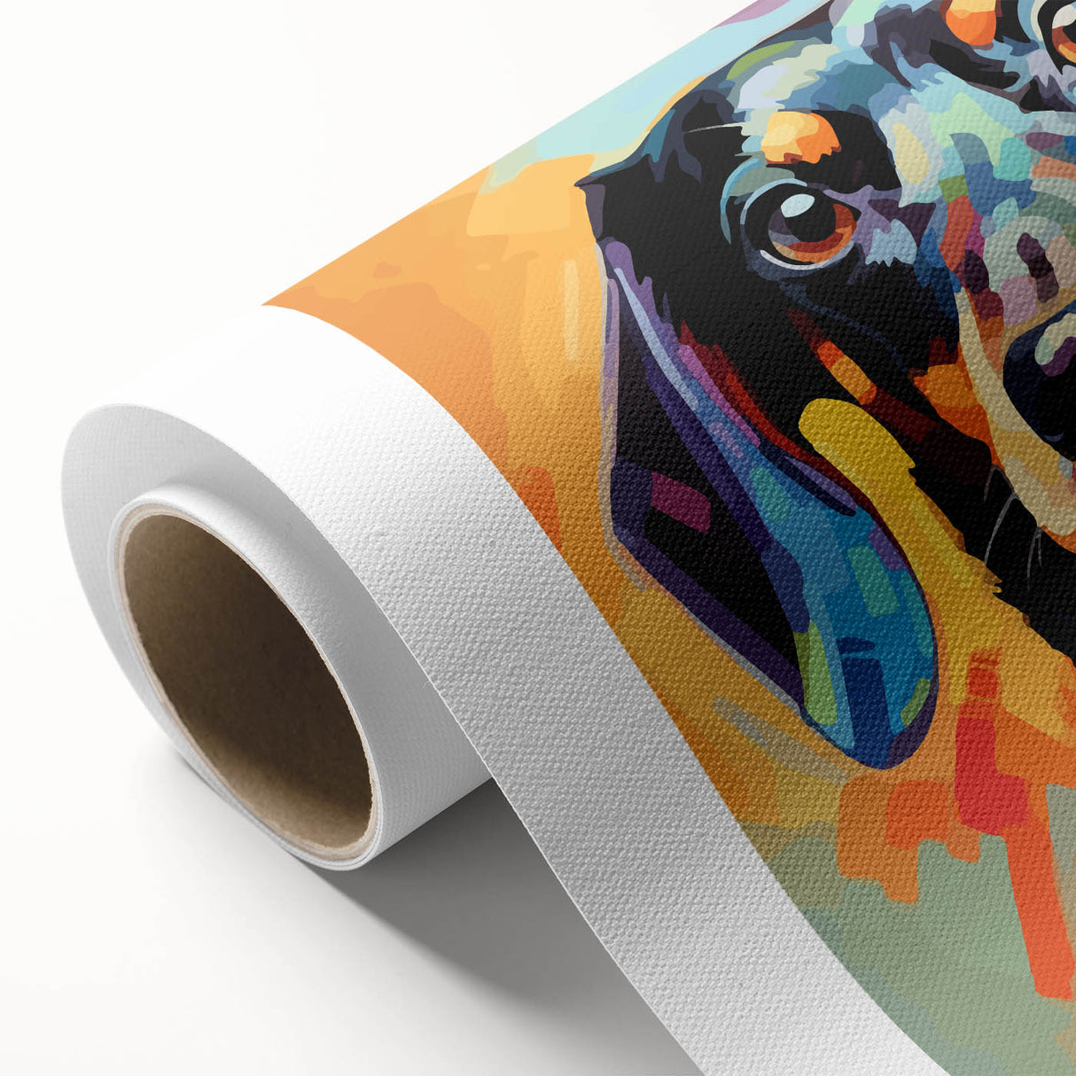 Dachshund-themed rolled canvas wall art collection showcasing vibrant, playful designs of cute dachshunds in various poses, perfect for dog lovers' home decor.