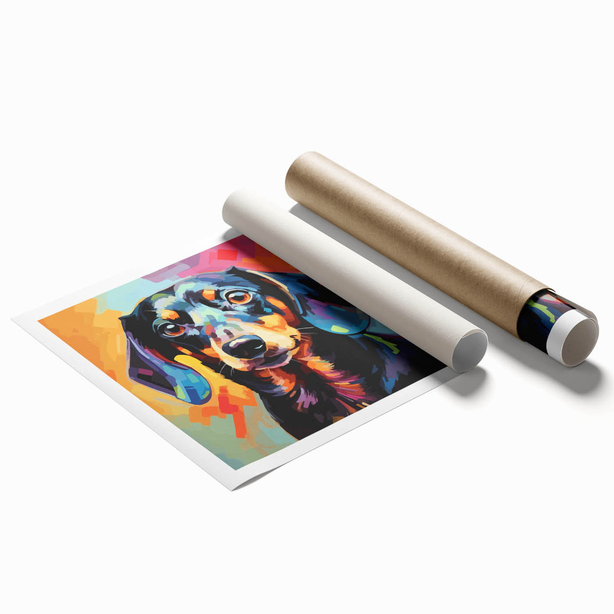 Dachshund-themed wall art print showcasing a playful illustration of a brown dachshund against a vibrant background, rolled and ready for display. Ideal for dog lovers.