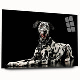Side view of a sleek acrylic glass wall art piece showcasing a vibrant Dalmatian design, perfect for adding a pop of color and personality to any room decor.