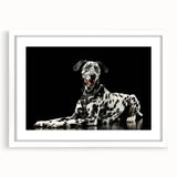 Framed Dalmatian wall art featuring a playful dog design, set in a white mat, perfect for modern home decor or dog lovers. Ideal for adding charm to any room.