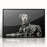 Framed wall art featuring a striking Dalmatian design in black and white, set against a sleek acrylic background, perfect for dog lovers and home decor enthusiasts.