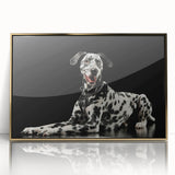 Framed wall art featuring a striking Dalmatian design, showcasing vibrant colors and intricate detailing, with a sleek gold frame enhancing its elegance.