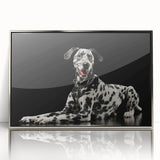 Framed acrylic wall art featuring a Dalmatian design, showcasing a silver frame and vibrant colors, perfect for dog lovers and modern decor enthusiasts.