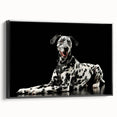 Framed wall art featuring a striking Dalmatian design on textured canvas, set in a stylish black frame, perfect for dog lovers and modern decor enthusiasts.