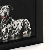Close-up of a framed canvas wall art piece featuring a striking Dalmatian design, showcasing vibrant colors and intricate patterns, ideal for dog lovers' decor.