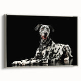 Framed canvas wall art showcasing a striking Dalmatian design with silver accents, ideal for dog lovers and modern home decor, viewed from the side.