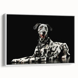 Framed wall art featuring a side view of a Dalmatian design on a white canvas, showcasing intricate black spots and a modern aesthetic, perfect for dog lovers.