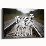 Framed canvas wall art featuring a striking black and white Dalmatian design, showcasing the dog's unique spots, perfect for pet lovers and modern decor.