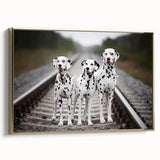 Framed wall art featuring a stylish Dalmatian dog design on a gold background, showcasing a side view of the elegant canvas piece, perfect for home decor.
