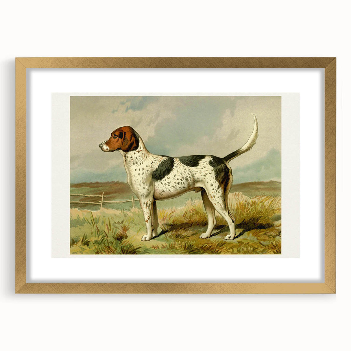 Framed wall art featuring a Dalmatian design with a gold frame and mat, perfect for dog lovers and home decor enthusiasts, showcasing a stylish front view.