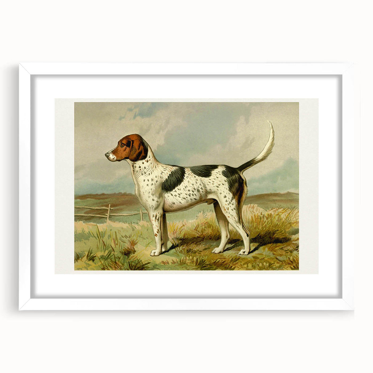 Framed Dalmatian wall art design showcasing a playful black and white spotted dog, elegantly displayed in a white mat and frame, perfect for dog lovers' home decor.